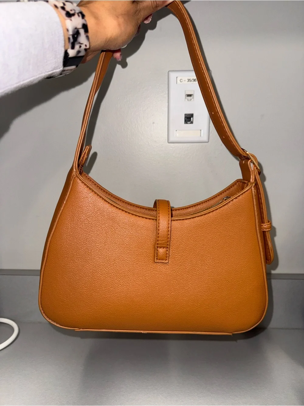 Classic Camel Shoulder Bag with Gold Accent